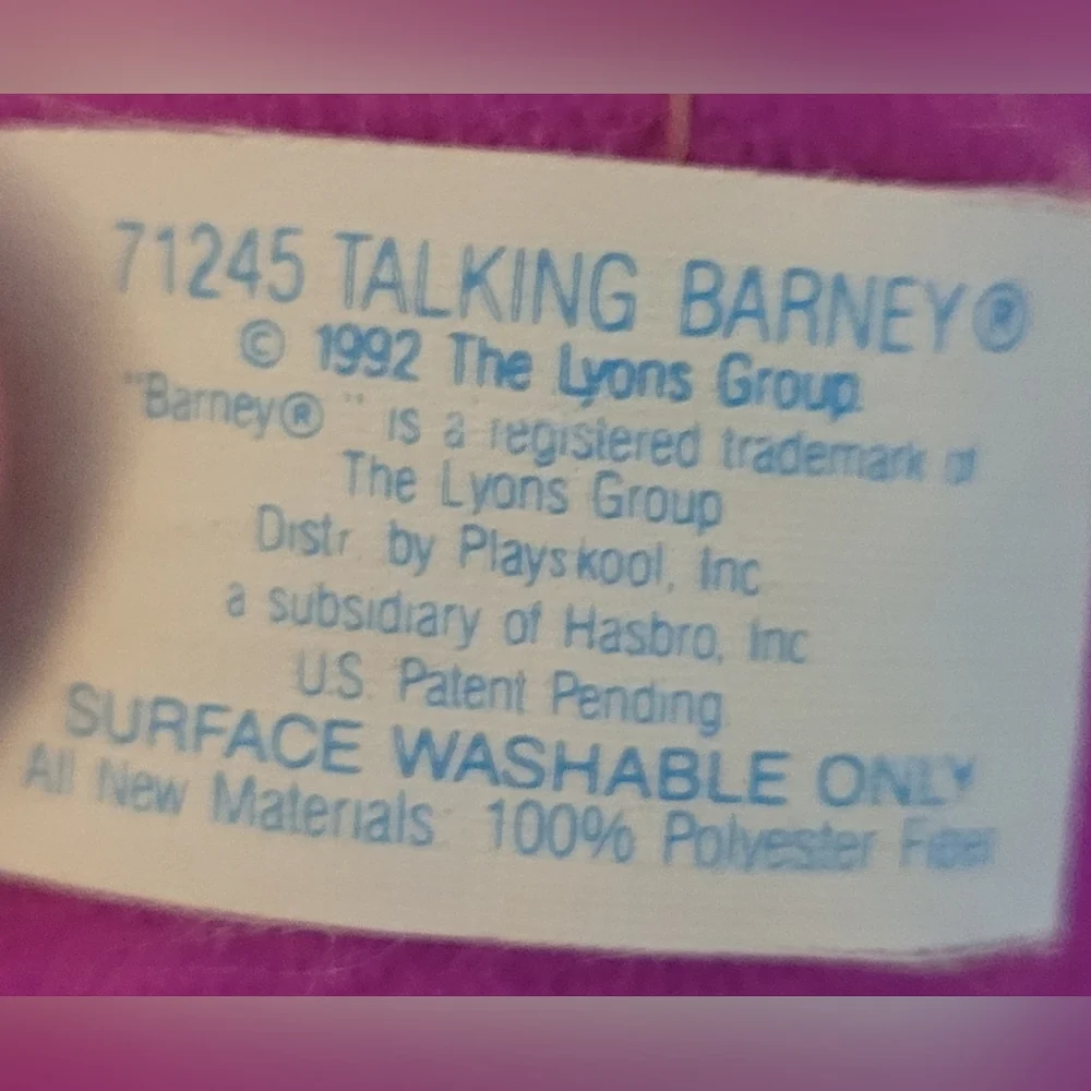 Vintage 1992 Talking Barney Plush – Works! Lyons Group / Playskool - Picture 4 of 4